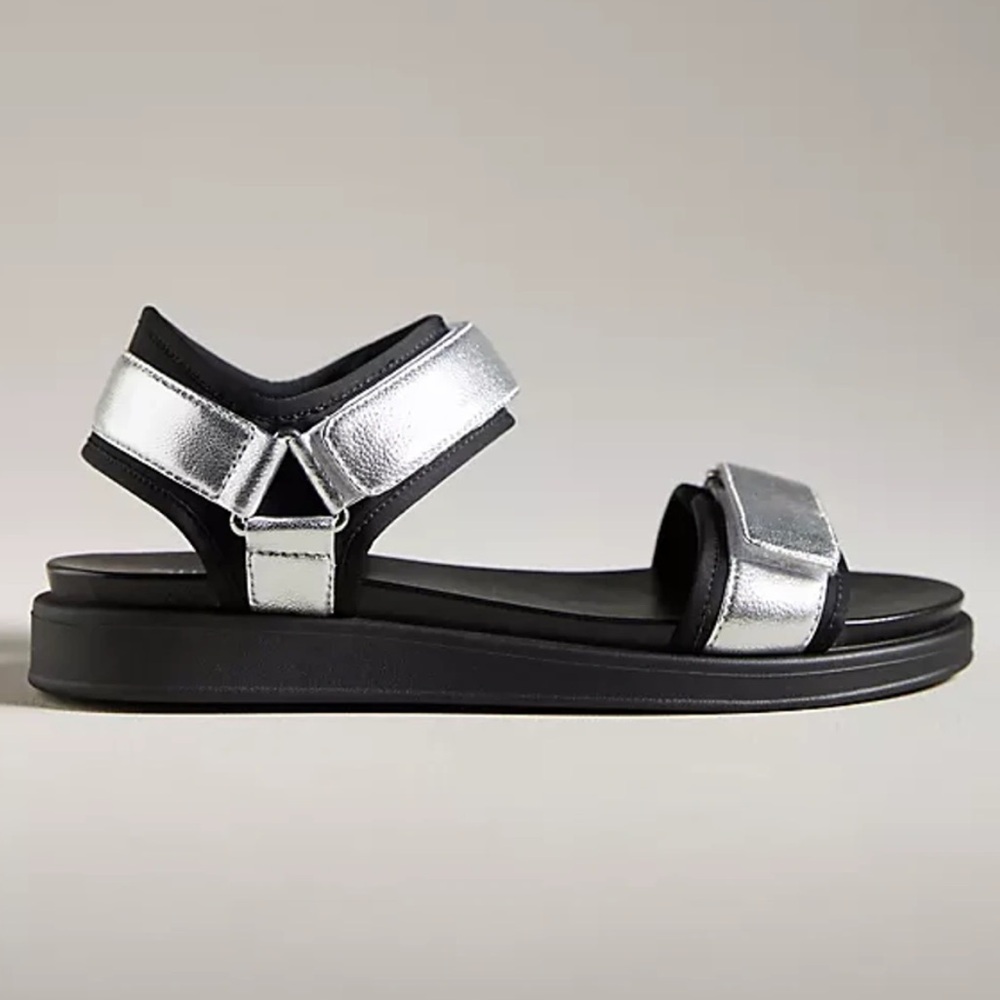 Silent D Silver Leather Black Adjustable Sandals … - image 1